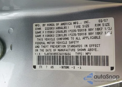 2007 Acura Rdx z USA, uszkodzony, nr VIN 5J8TB18557A018464